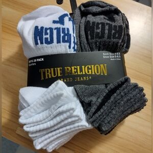 True Religion Boys 20 Pack Quarter Socks Black/White/Gray Size 4-6.5 NWT
